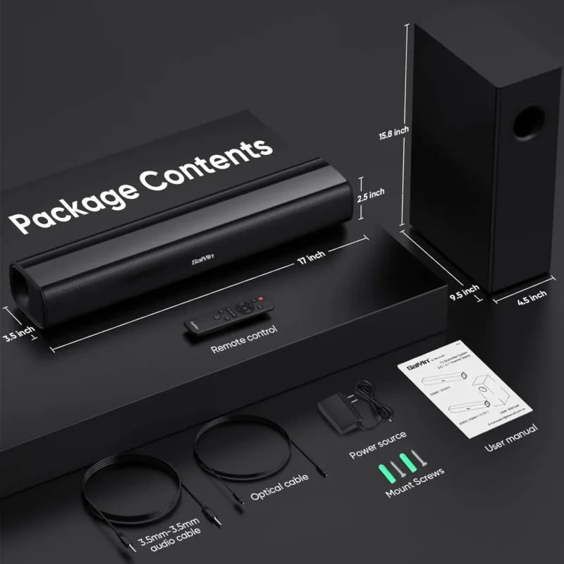 Sound Bars for Tv (with Subwoofer), 2.1Ch Soundbar for Tv, Pc, Tv Surround Sound System (with Bluetooth/Optical Fiber/Aux Connection), 17inch, Wall-Mounted Installationable - 图片 5