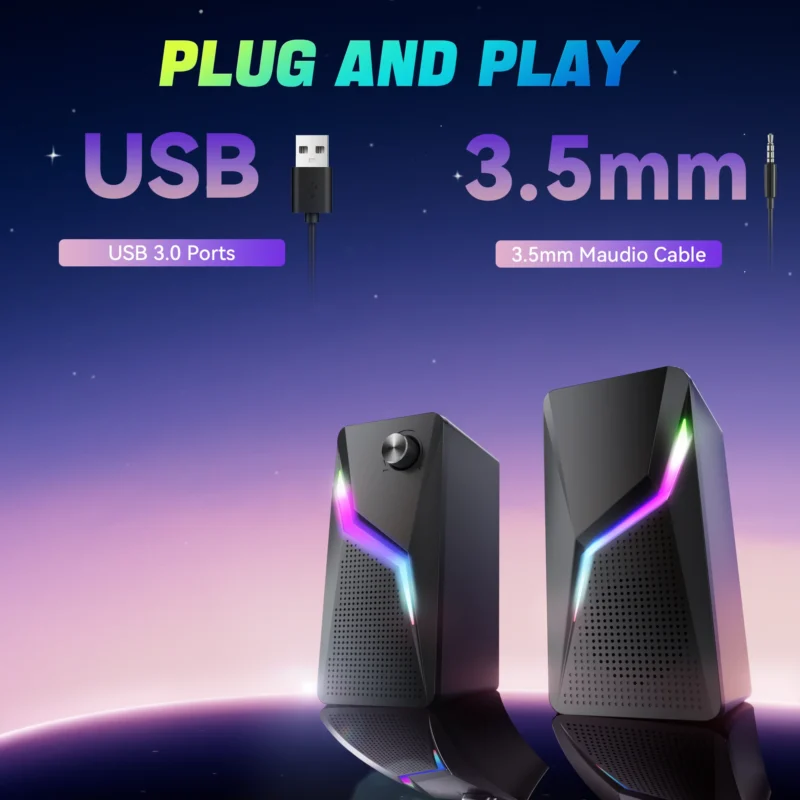 2.0 PC Speaker With RGB Light Subwoofer Stereo Wired USB Sound Box Portable For Gaming Gamer/Computer/TV/Laptop Loundspeaker - 图片 2
