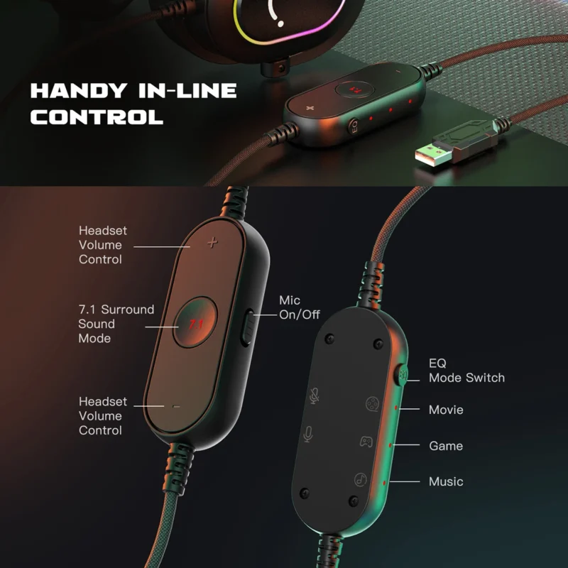 Dynamic RGB Gaming Headset with Mic Over-Ear Headphones 7.1 Surround Sound Game Movie Music - 图片 5
